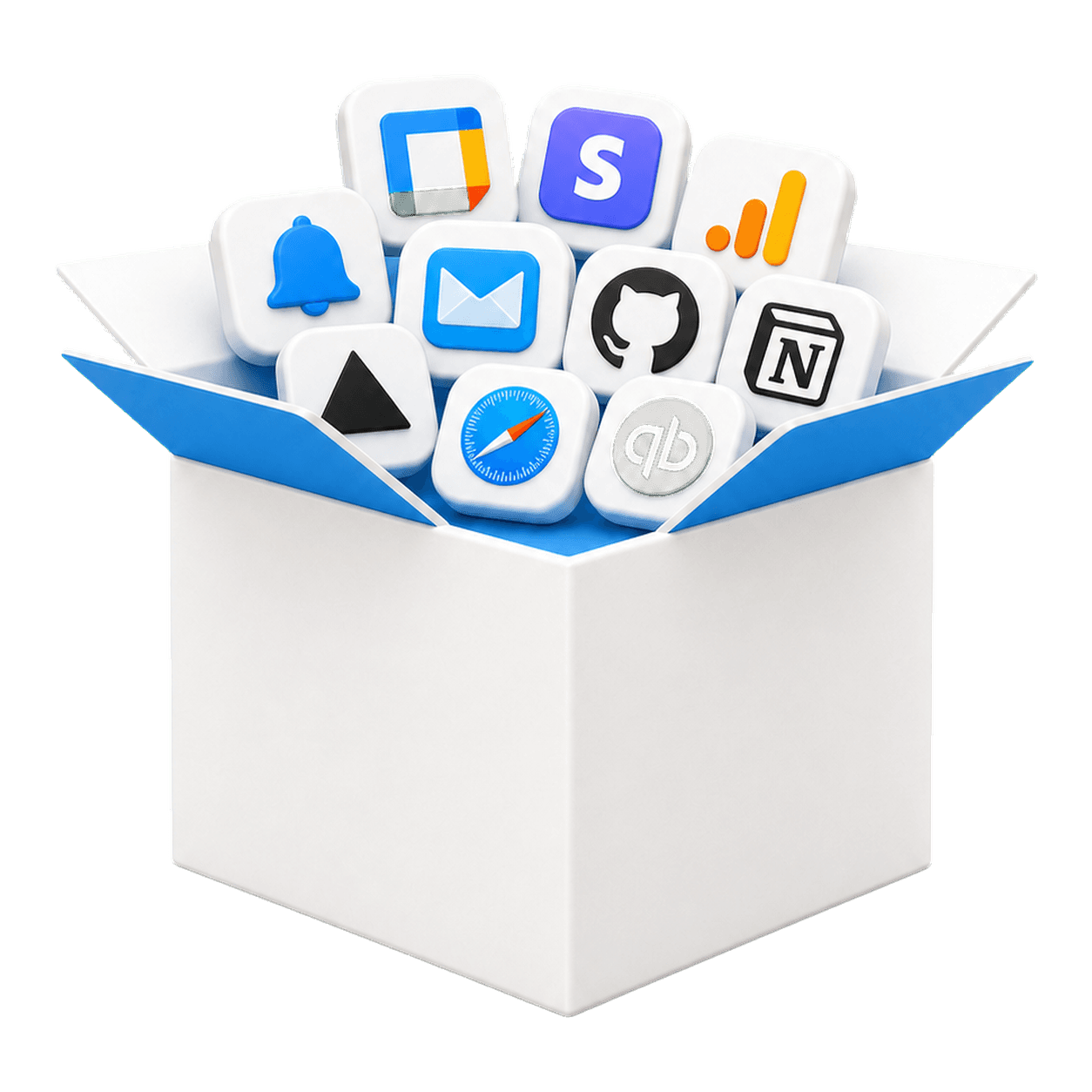 Open launch package box with digital infrastructure app tiles for FirstDollar.